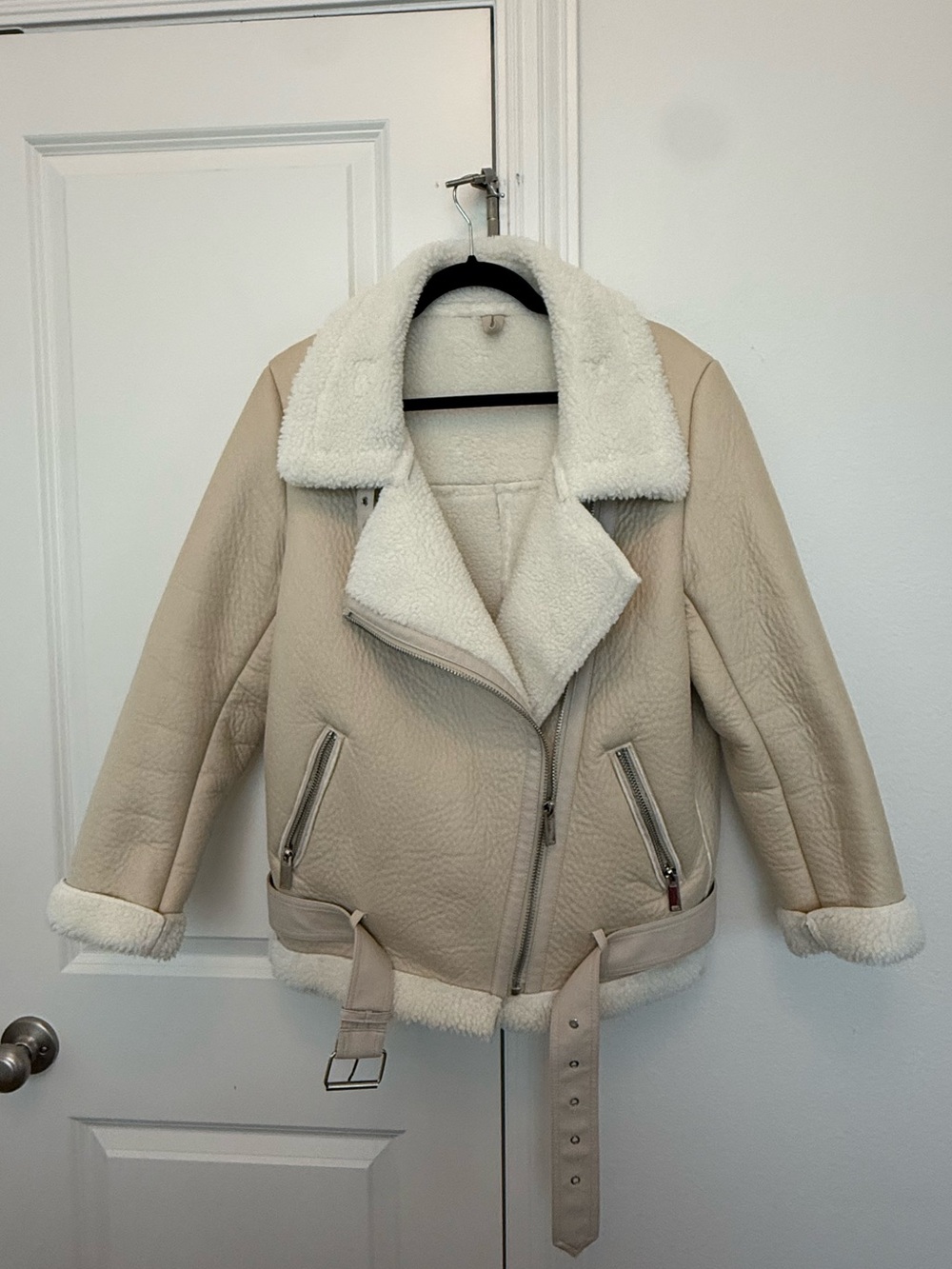Oversized Cream Sherpa Lined Faux Leather Moto Jacket - Women's